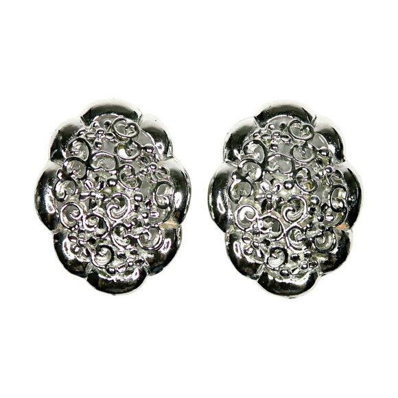 Filigree Silver-Tone Clip-On Earrings Vintage Mid-Century Statement Jewelry - Picture 1 of 5